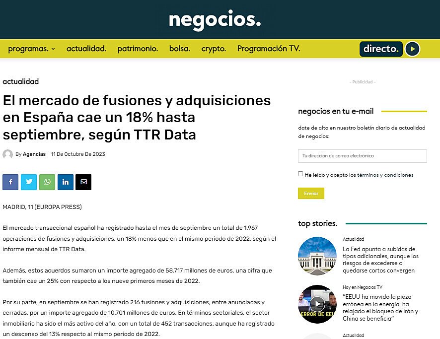 El mercado de fusiones y adquisiciones en Espaa cae un 18% hasta septiembre, segn TTR Data